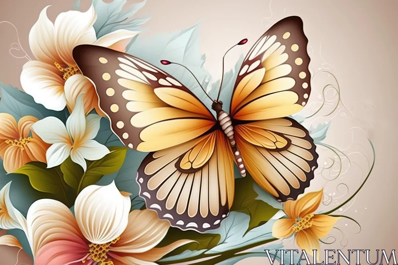 Enchanting Butterfly on Flowers: Hypnotic Artwork in Beige and Amber AI Image