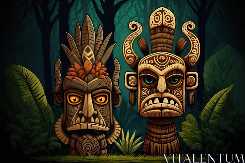 AI ART Enigmatic Tiki Masks in a Dark Jungle - Intriguing 2D Game Art