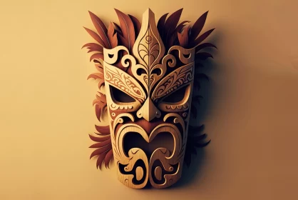 Enigmatic Wooden Mask on Beige Background | Detailed Illustrations | Maori Art