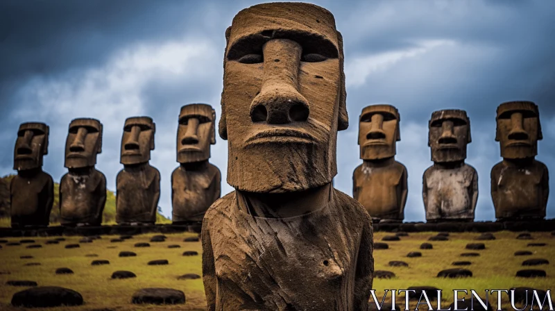 Mysterious Stone Faces of Moai in a Field | Revived Historic Art AI Image