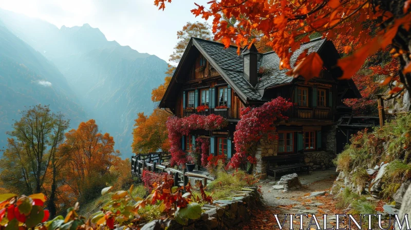 Tranquil Autumn Landscape with Mountain Cabin AI Image