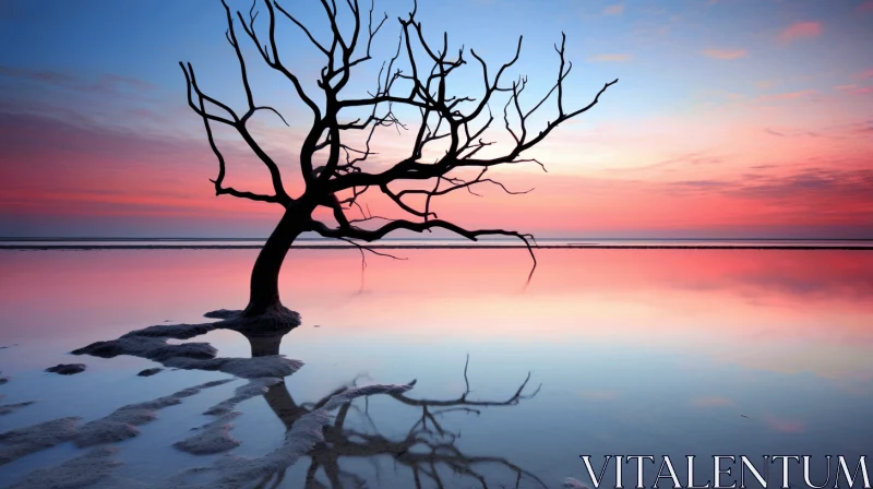 Tranquil Sunset with Tree Silhouette on Beach | Ancient Chinese Art AI Image