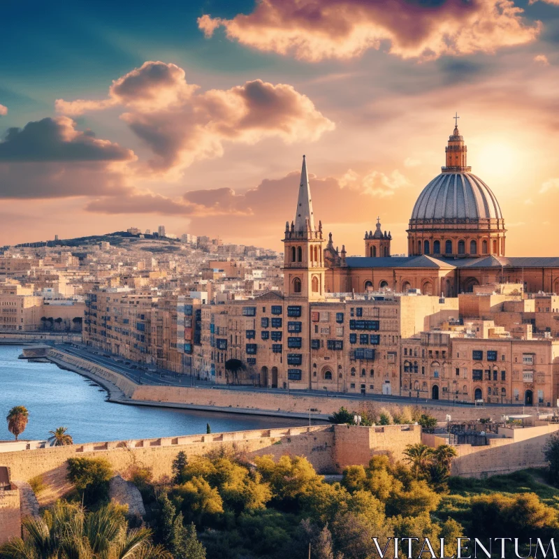 Captivating City Skyline in Malta: Baroque-Inspired Grandeur and Stunning Sunsets AI Image