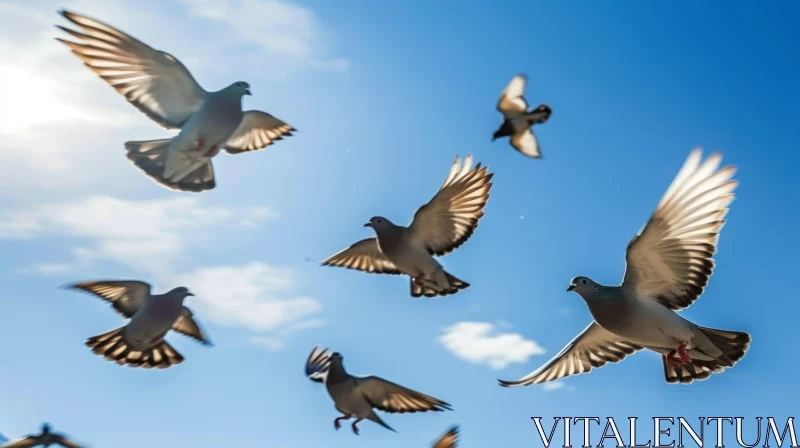 In Flight: A Captivating Moment of Pigeons Soaring in the Sky AI Image