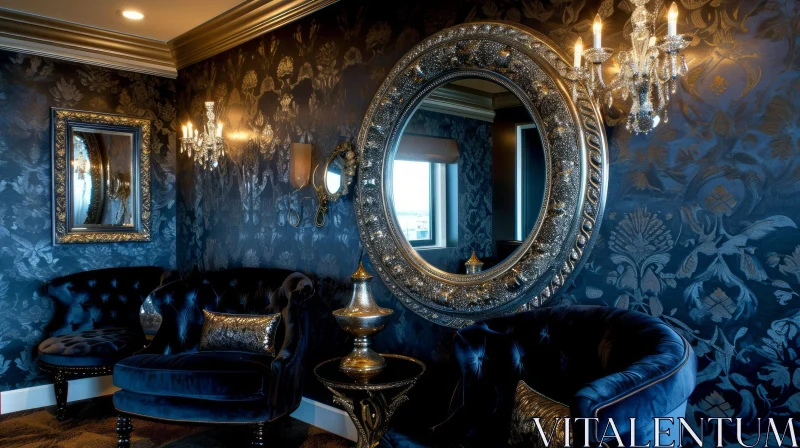 Luxurious Living Room with Dark Blue and Gold Color Scheme