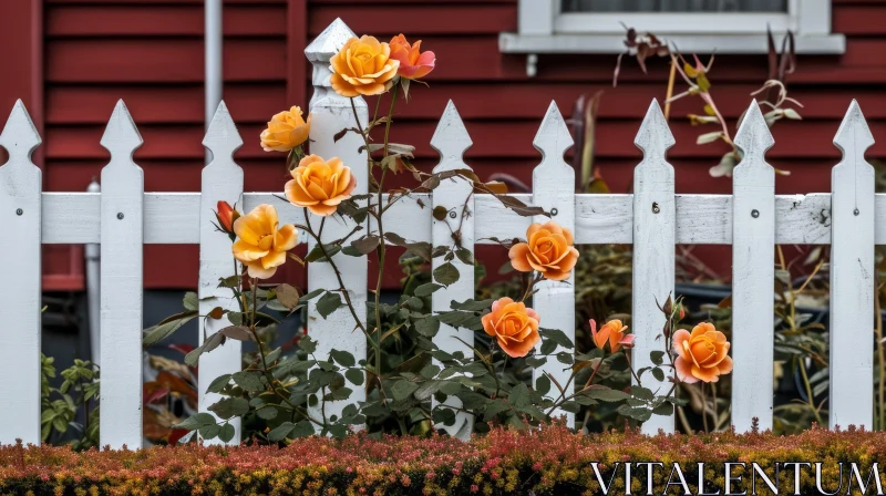 Orange Roses on White Picket Fence: A Captivating Floral Composition AI Image