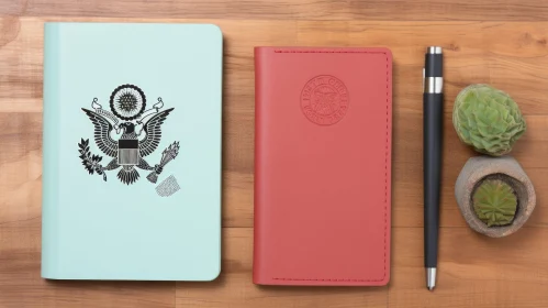 Passport Holder with Pen and Plant on Wooden Table