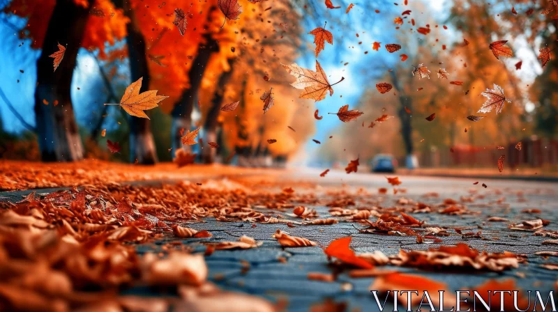Tranquil Autumn Day: Vibrant Leaves and Serene Street Scene AI Image