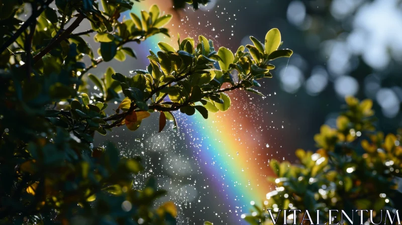 A Captivating Rainbow Photo with Green Leaves and Water Droplets AI Image