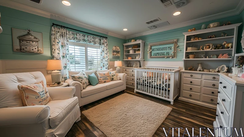 Bright and Airy Coastal-Themed Nursery with White Furniture AI Image
