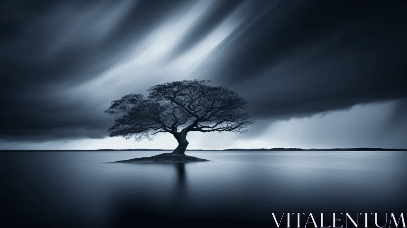 Captivating Monochromatic Image of a Lone Tree on a Lake AI Image