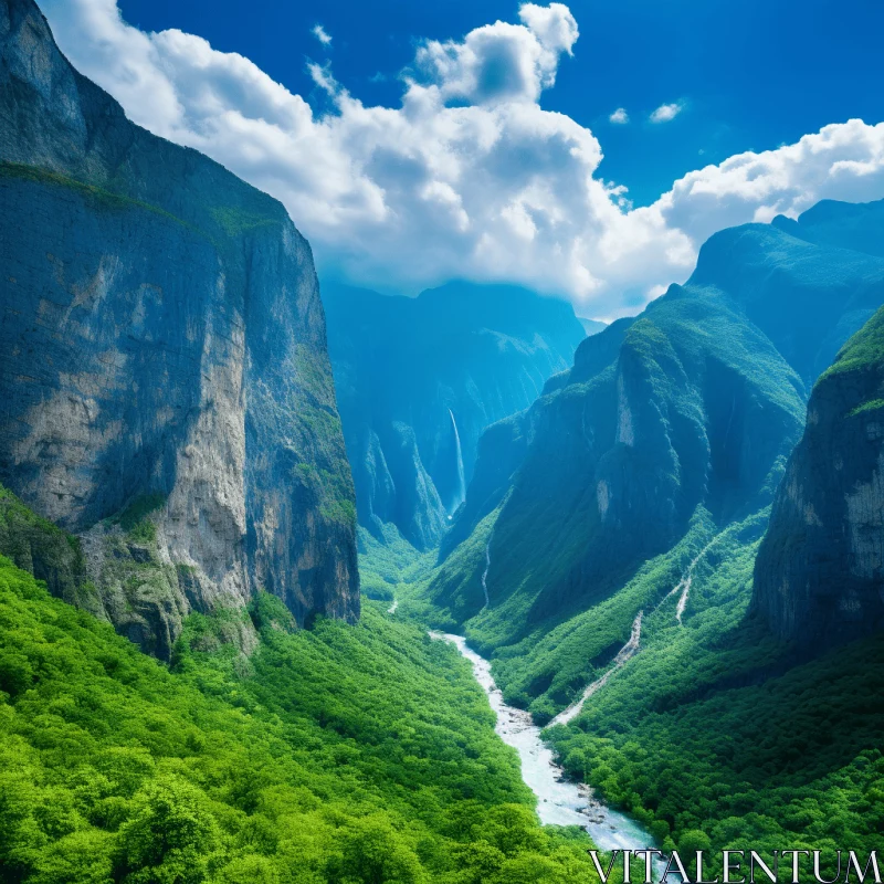 Captivating Valley with Majestic Waterfall - Realistic Nature Photography AI Image