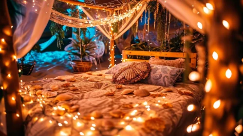 Cozy Bedroom with Seashells and Fairy Lights