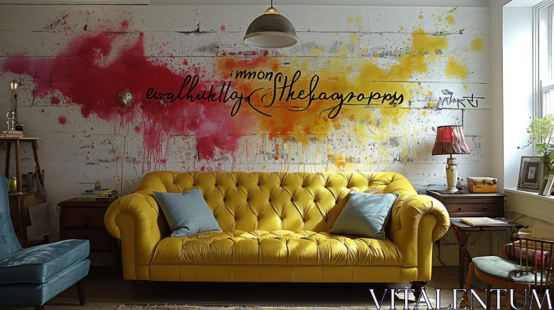 Cozy Living Room with Yellow Leather Sofa and Captivating Painting AI Image