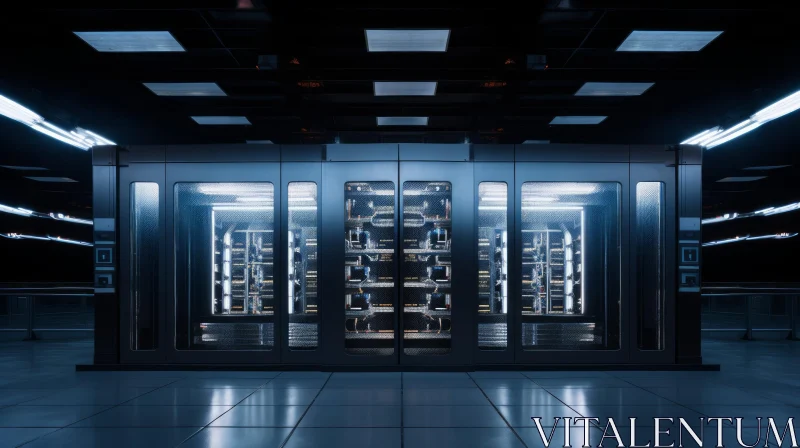 Dark Mysterious Server Room with Glass Front Server Rack AI Image