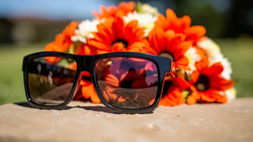 Stylish Sunglasses and Flowers Composition