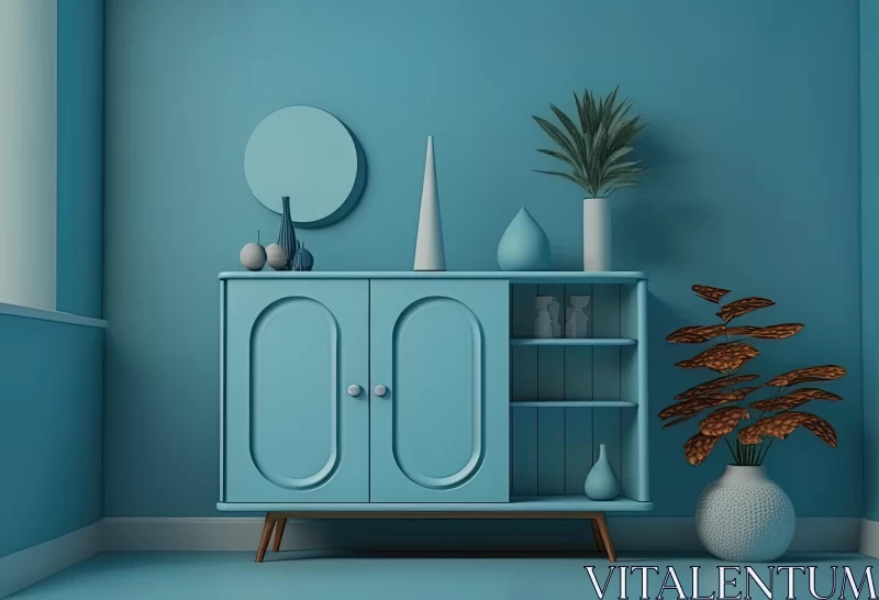 AI ART Vintage-Inspired Blue Living Room with Plants | Streamlined Design