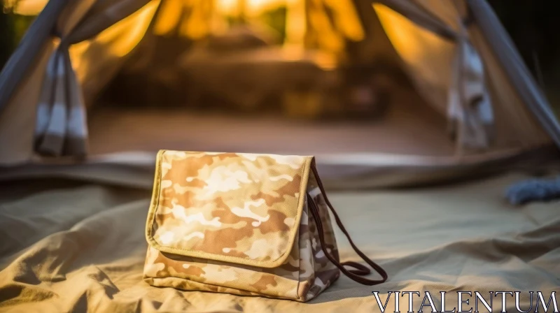 Camouflage Bag and Open Tent in Sunlight AI Image