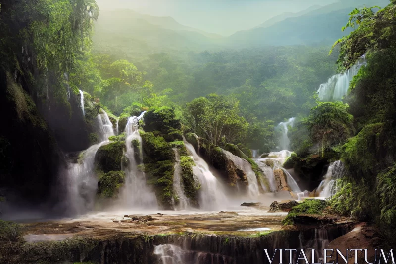 Captivating Waterfall in the Rainforest of Rural China AI Image
