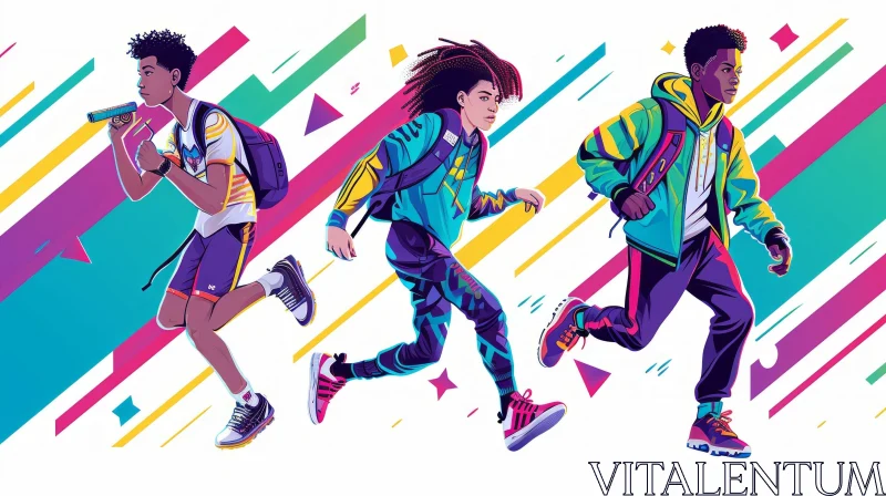 AI ART Colorful Cartoon Illustration of Three Young Men Running