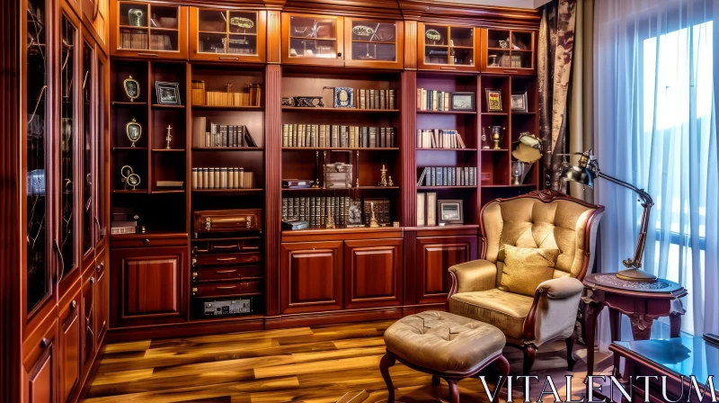 AI ART Cozy Home Library with Wooden Bookcase and Armchair
