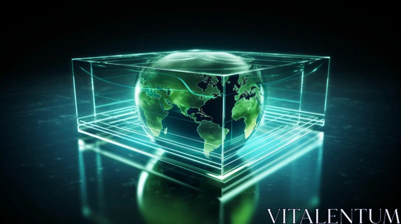 AI ART Glowing Green Earth in Transparent Cube - Futuristic 3D Art