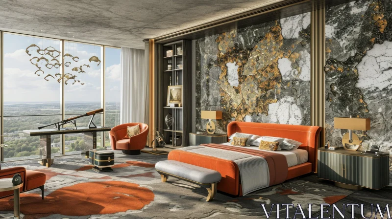 Luxurious 3D Rendering of a Bedroom with City View AI Image