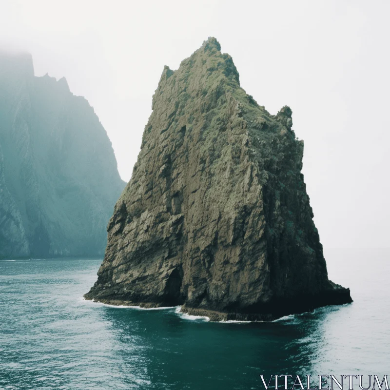 Misty Gothic Rock in Calm Ocean Waters - Nature Photography AI Image
