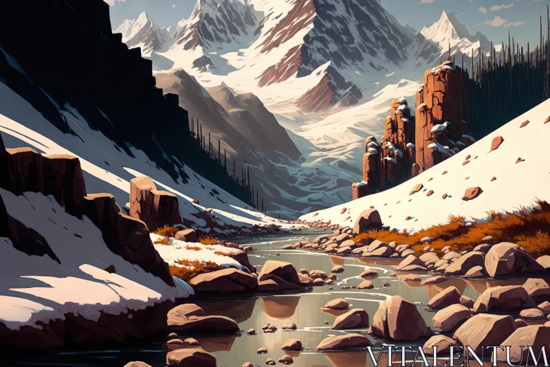 Mountain River in Winter - Realistic and Highly Detailed Digital Art Landscape AI Image