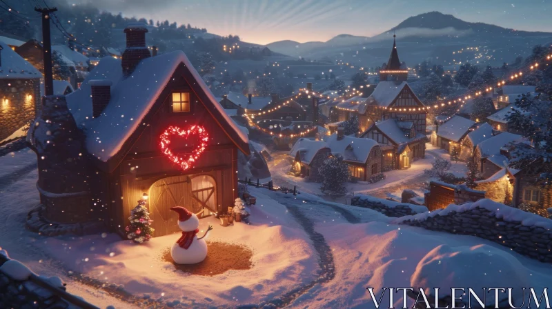 Peaceful Winter Scene of a Snowy Village AI Image