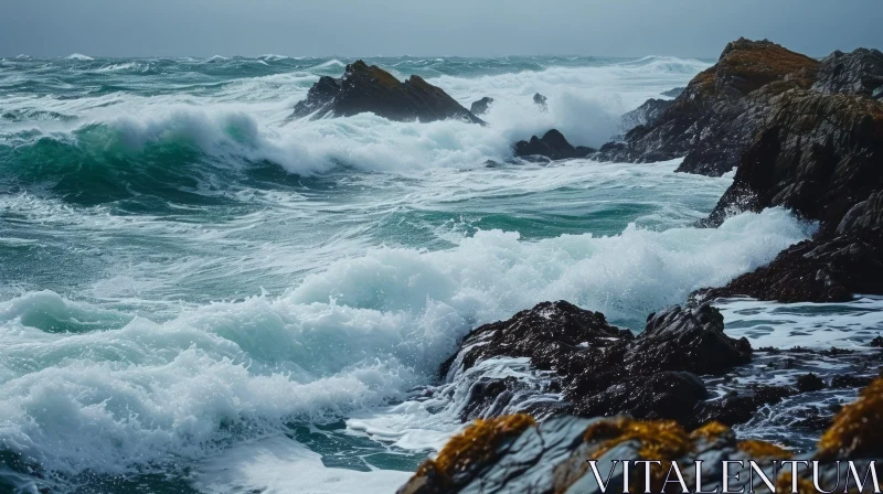 Powerful Waves Crashing Against Rocky Coast AI Image