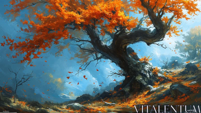 Scenic Landscape Painting of a Majestic Tree in Fall AI Image