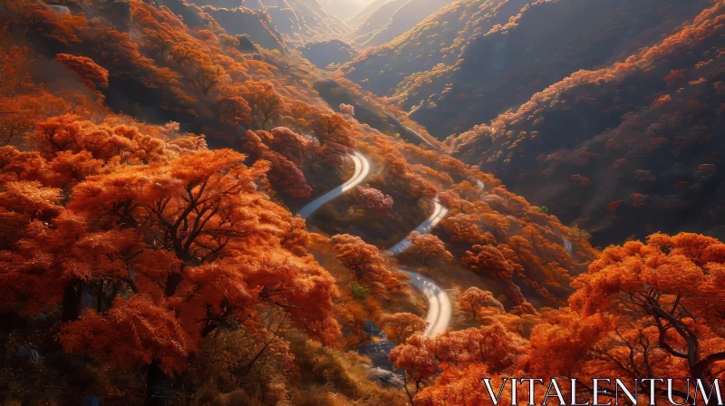 Serene Autumn Landscape: Winding Road Through Vibrant Valley AI Image