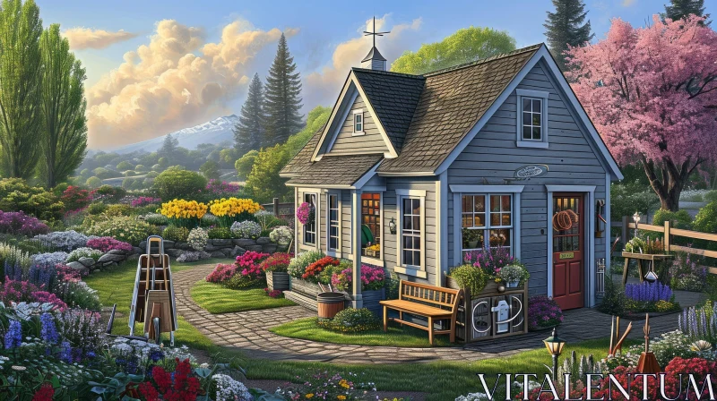 Tranquil Cottage with Colorful Flower Garden and Mountain View AI Image