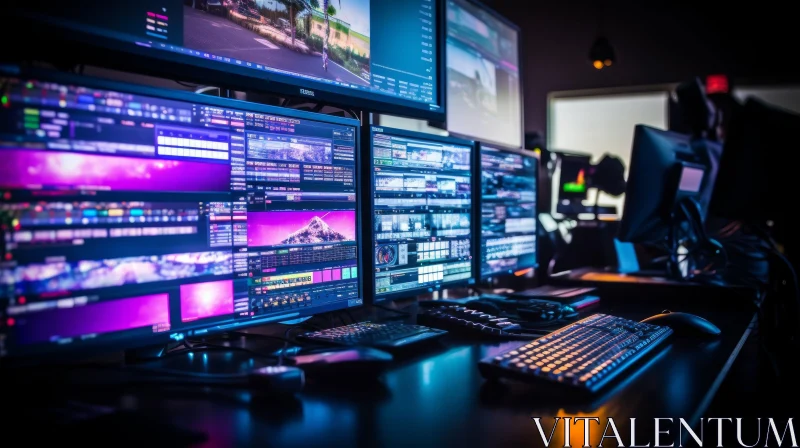 Video Editing Suite with Multiple Monitors AI Image