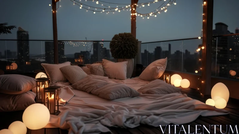City Rooftop Terrace at Night | Cozy Bed with String Lights AI Image