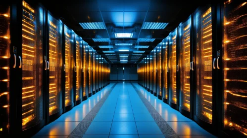 Data Center Corridor Illuminated by Server Racks