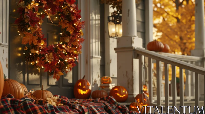 Enchanting Halloween Porch Decor | Autumn Leaves and Pumpkins AI Image
