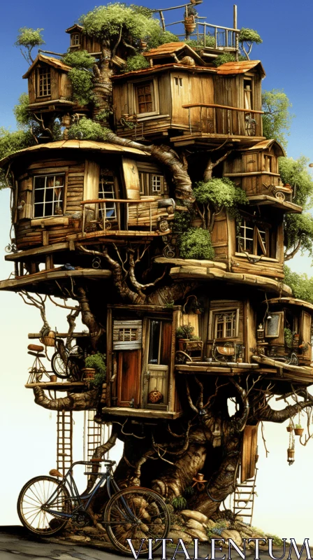 Exquisite Craftsmanship: Whimsical Anime Tree House in Photorealistic Cityscape AI Image