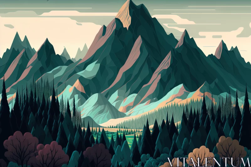Majestic Mountain Illustration in a Serene Forest | Bold Graphic Style AI Image