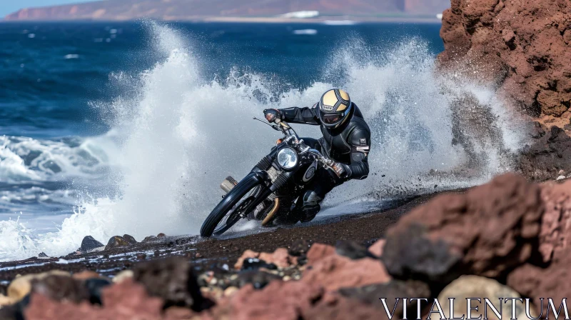 Man Riding Motorcycle on Rocky Beach AI Image