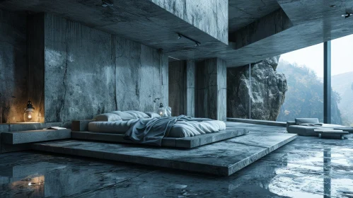 Minimalist Modern Bedroom with Concrete Interior | Serene Mountain Landscape