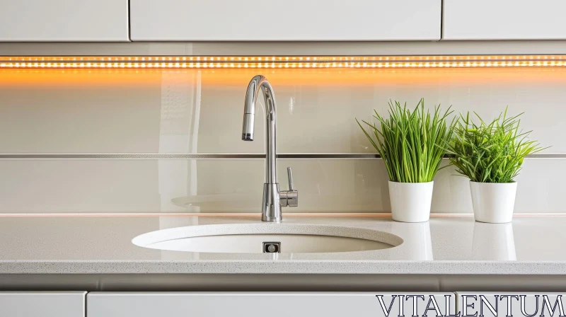 Modern White Ceramic Kitchen Sink on Light Gray Countertop AI Image