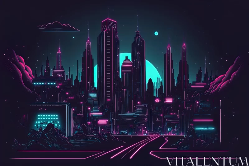 Neon Futuristic Cityscape Illustration - Captivating Metropolis at Night AI Image