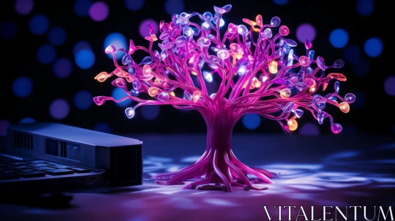 Pink Glowing Tree 3D Rendering on Dark Blue Background AI Image