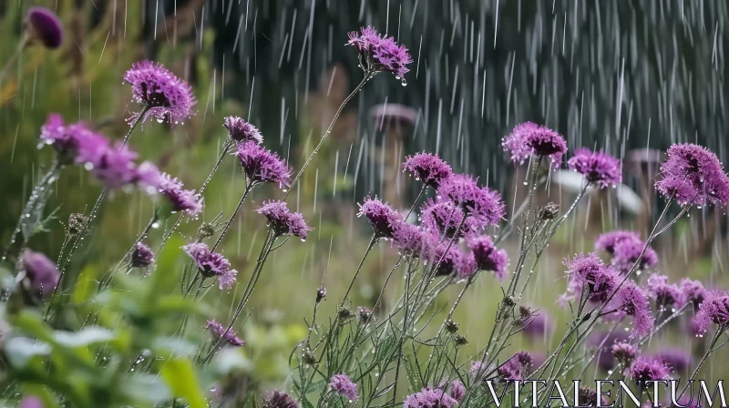 Purple Flowers in a Garden: A Serene Rain Shower AI Image