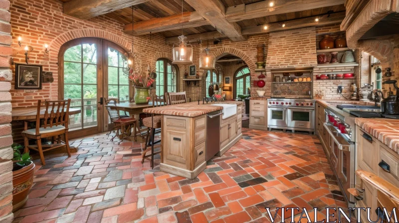 Rustic Lodge-like Kitchen with Exposed Brick Walls and Wood Beamed Ceilings AI Image