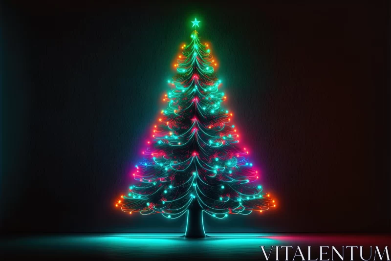 Vibrant Christmas Tree Illuminated with Neon Lights - Festive Artwork AI Image