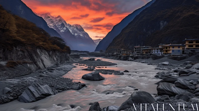 Captivating Sunset Over Mountains and River - Nature Photography AI Image