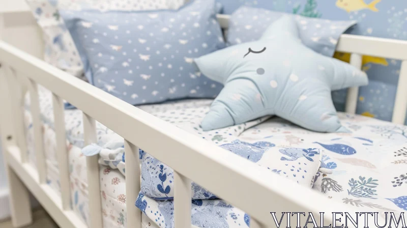 Close-Up of Baby's Crib: White with Blue and White Decor AI Image